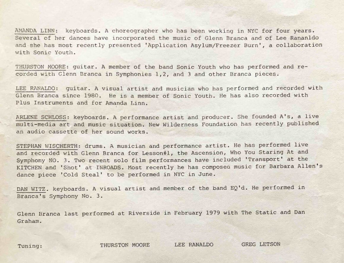 Typed programme for a music concert at Riverside Studios in London in May 1983, with lots of detailed text about the performing musicians