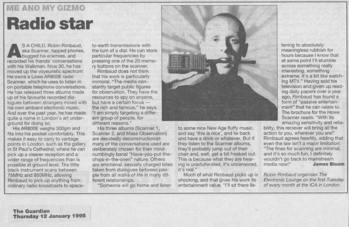 Page of text taken from The Guardian newspaper from 1995, with a feature about the artist Scanner, and a photograph of him in black and white holding a radio scanner between his teeth in a close-up portrait