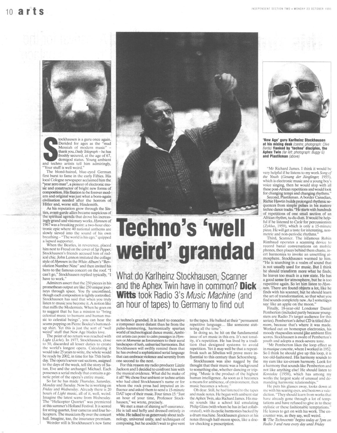 Feature in The Independent newspaper about German composer Stockhausen and the work of Aphex Twin, Scanner and others. Images of three men in black and white on the page