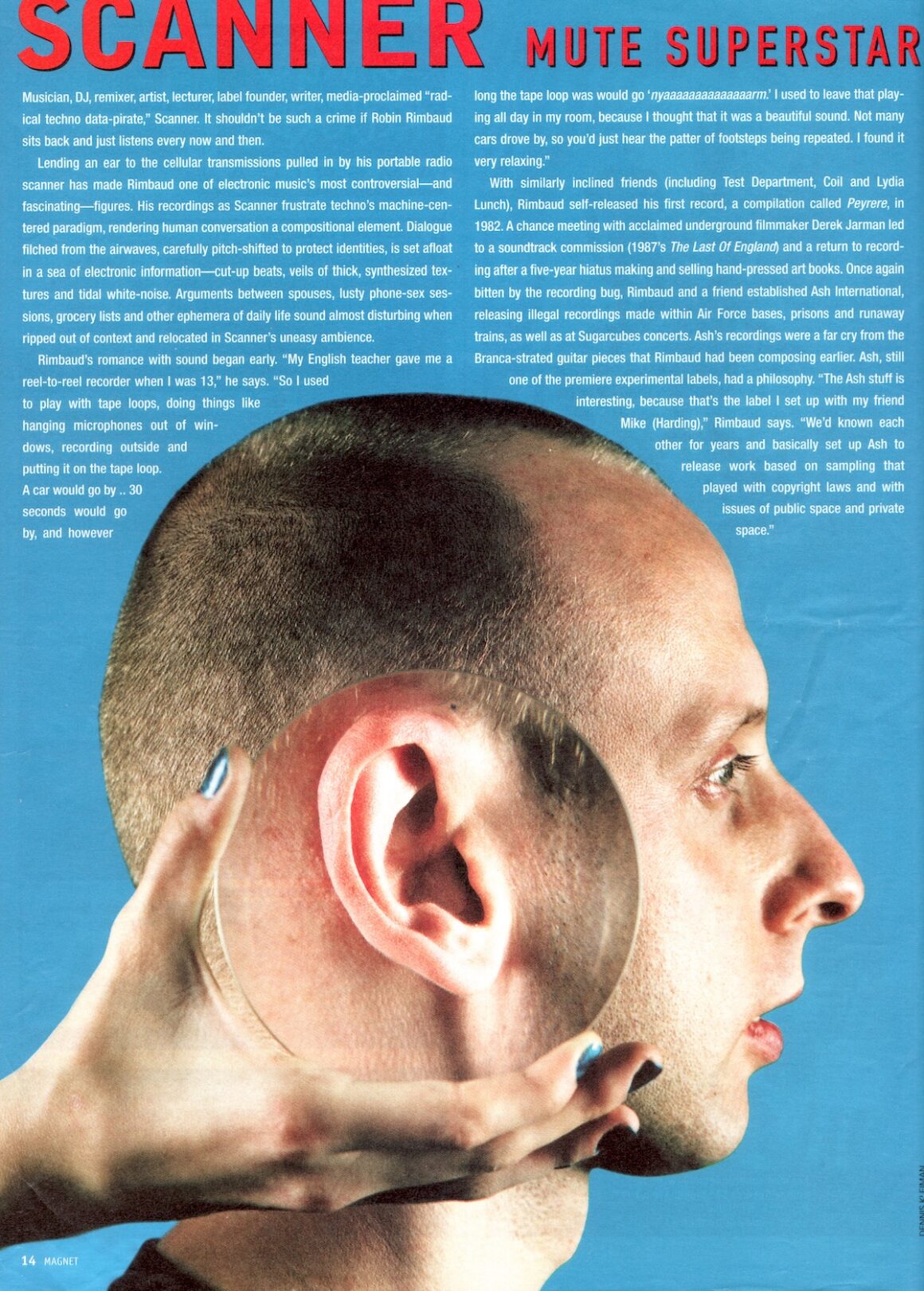 Magazine interview on blue background title Scanner Mute Superstar, with a large image of a white man with cropped hair, as a hand holds a magnifying glass to his right ear