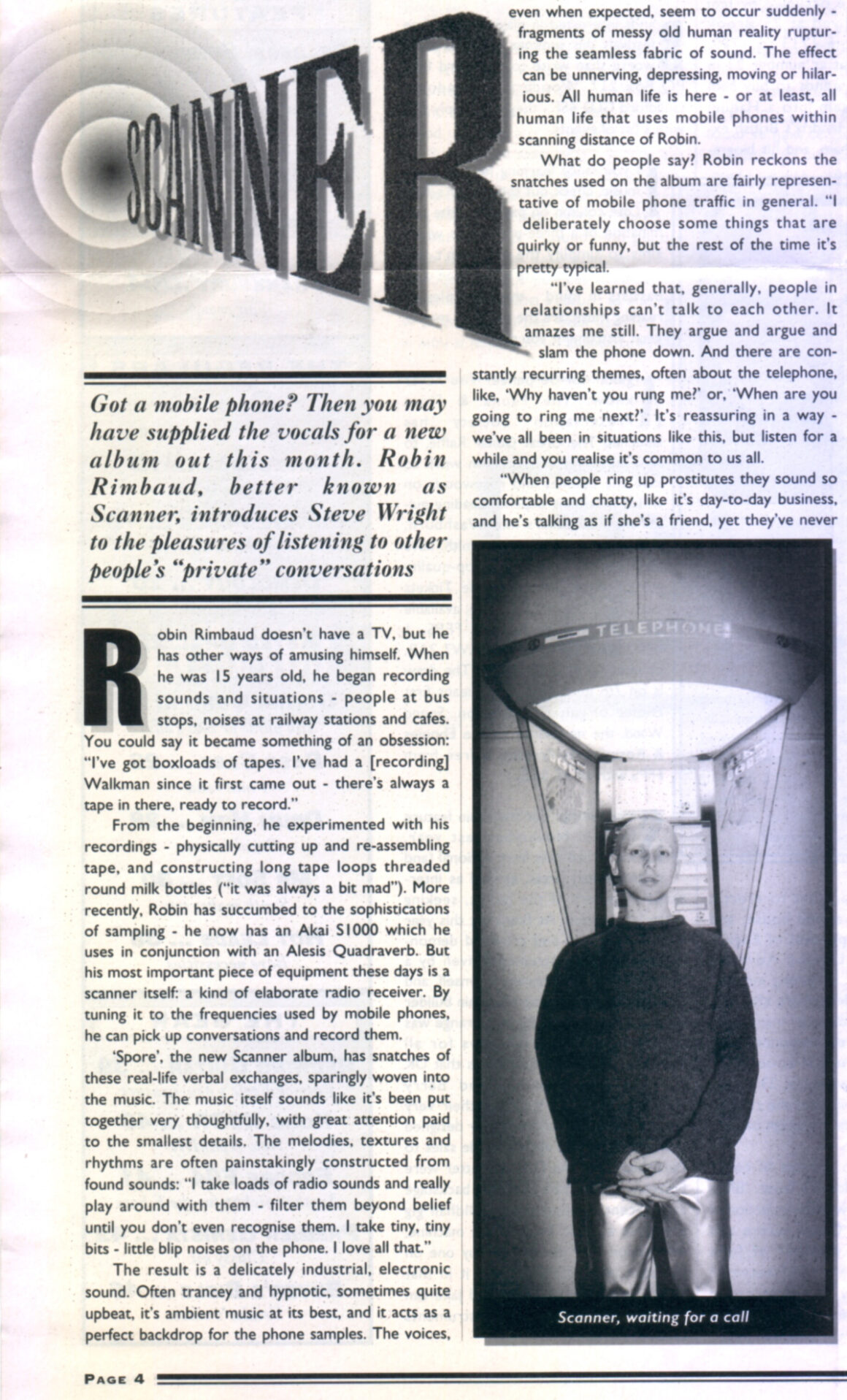 Black and white text with SCANNER at the top left and a photo of a young man dressed in black standing in a lit phone box