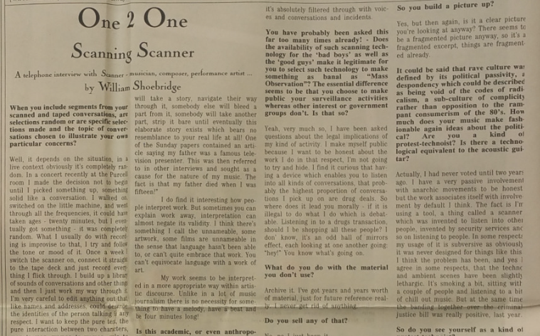 Excerpt of interview with Scanner in Mute Magazine, all text