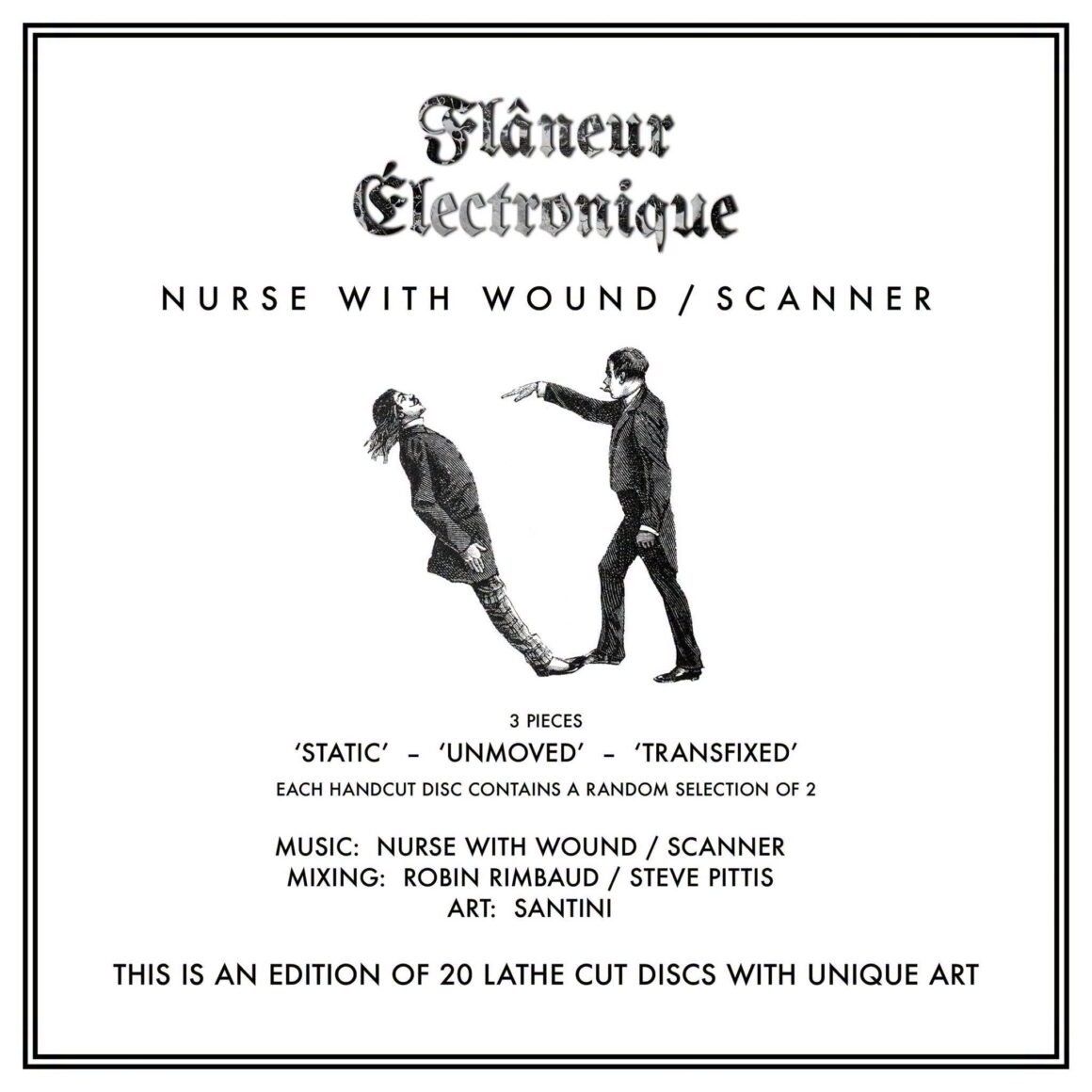 Flâneur Electronique album cover featuring two black and white illustrated figures, one standing and pointing at the other who is leaning backward, with text about the album including 'Nurse With Wound / Scanner', track titles 'Static', 'Unmoved', 'Transfixed', and credits for music, mixing, and art, noting the edition of 20 lathe cut discs with unique art"