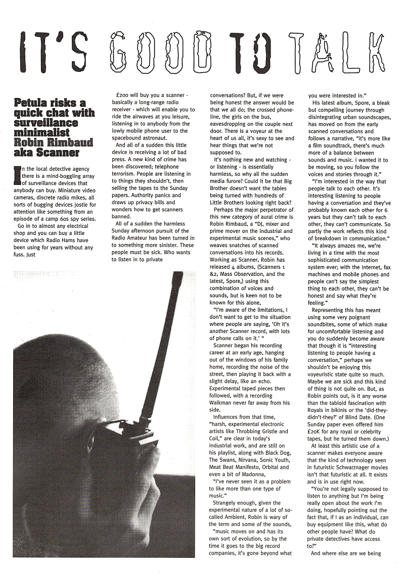 Black and white text interview with Robin Rimbaud and an image of the back of a man's head holding a large radio receiver to his ear