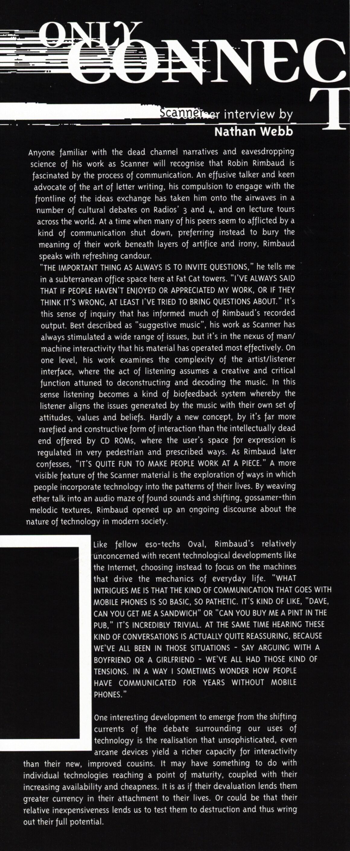 Black and white block of text with Only Connect at the top in bigger letters, and Scanner interview by Nathan Webb