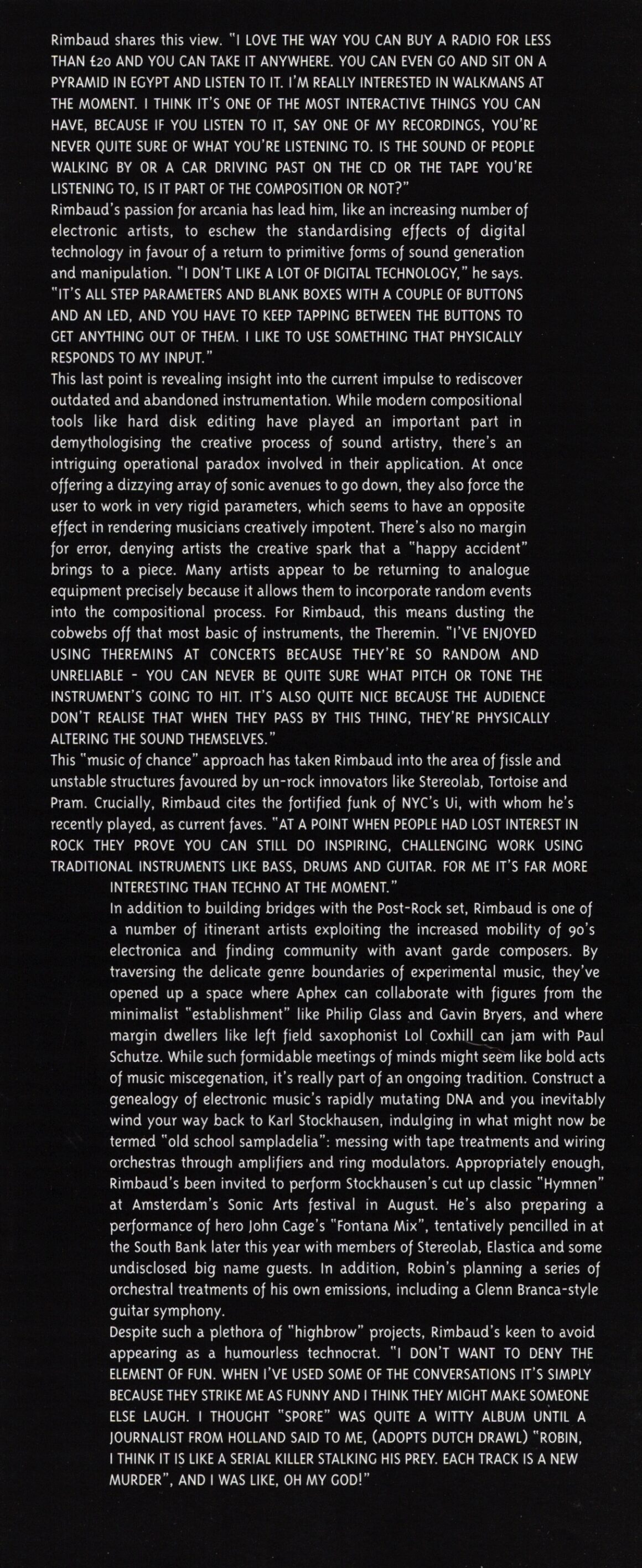 Black and white block of text, with white on black typeface