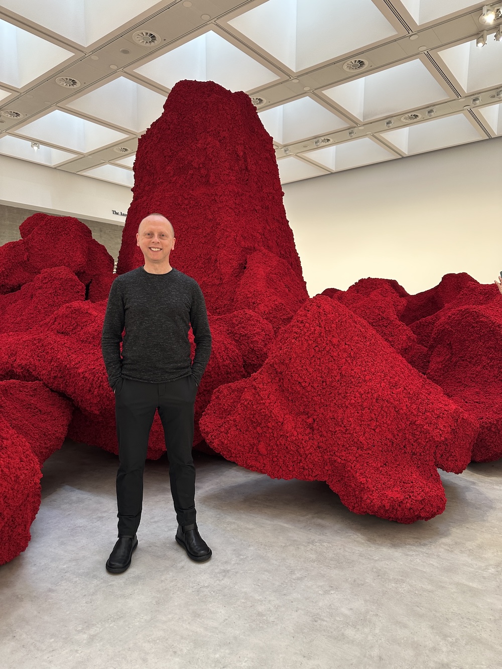 Man standing in front of a large red textured abstract sculpture in a gallery with white walls and a grid-pattern ceiling