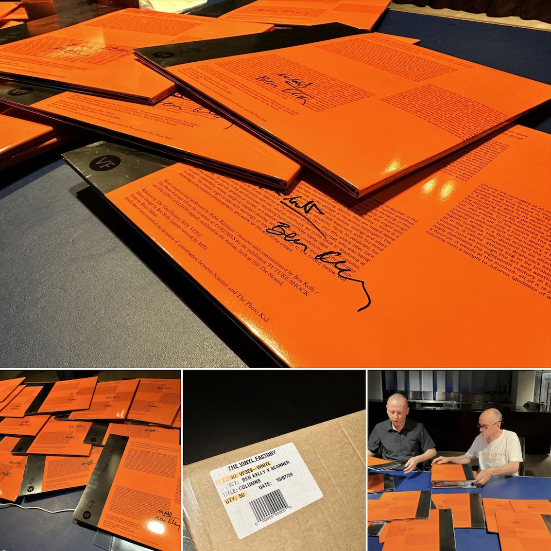 A collage of four photographs of a very bright orange record sleeve, with signatures and two white men with croppsed hair sitting at a table signing copies of the said record