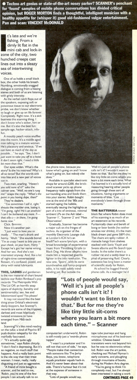 Black and white text interview with Scanner, with photo of white man with cropped hair cupping his hands over his ears