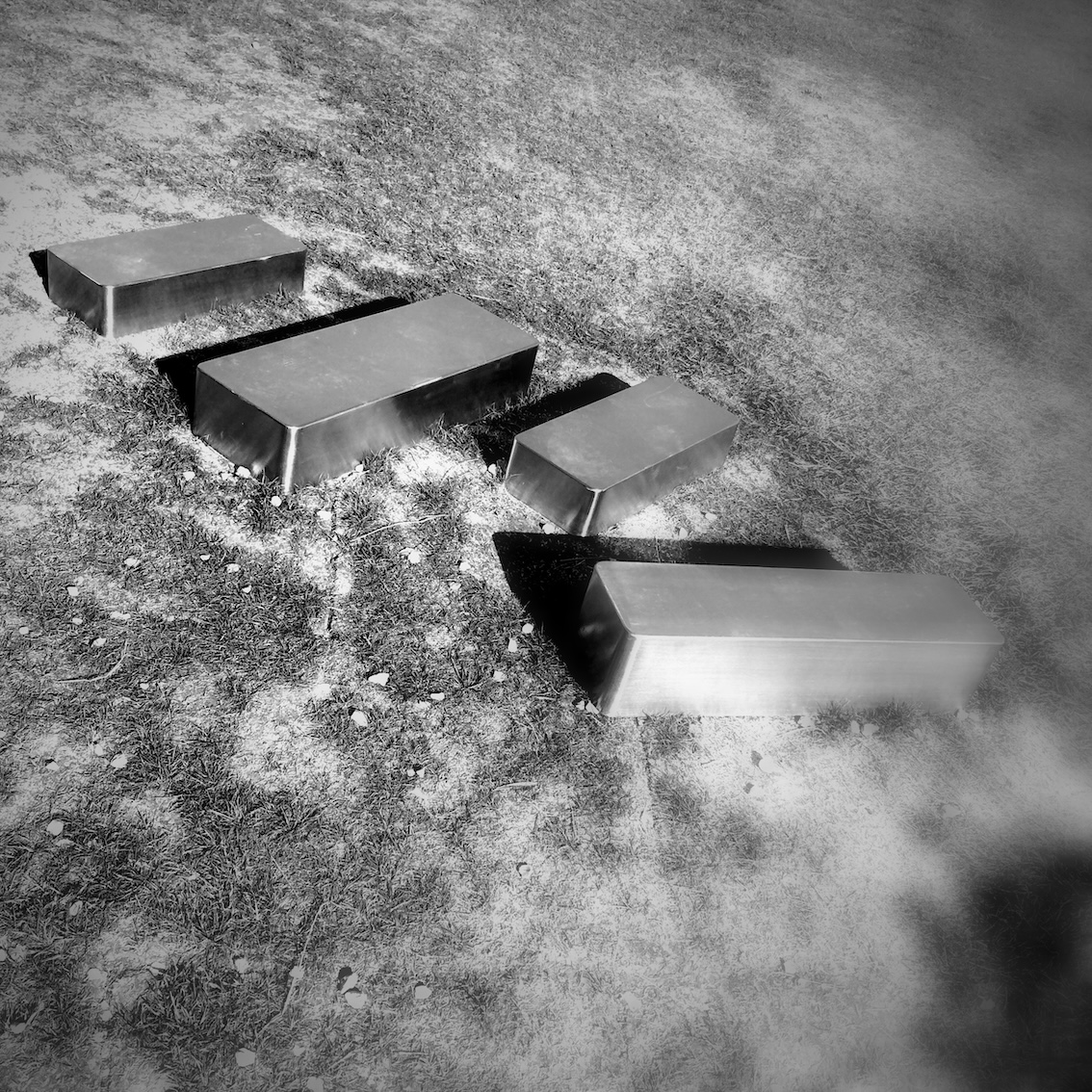 Slightly out of focus black and white image of four shiny rectangular blocks on the grass, impossible to tell the scale