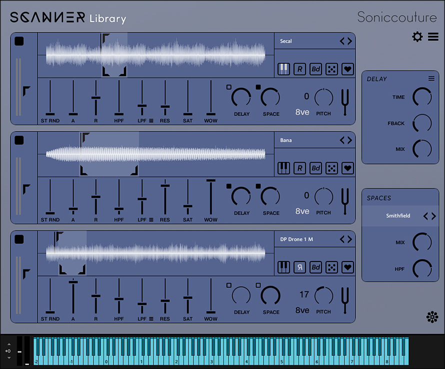 Screenshot of software interface by Soniccouture showing three audio waveform panels with controls for delay, space, pitch, and various audio modulation sliders, along with a blue piano keyboard layout at the bottom.