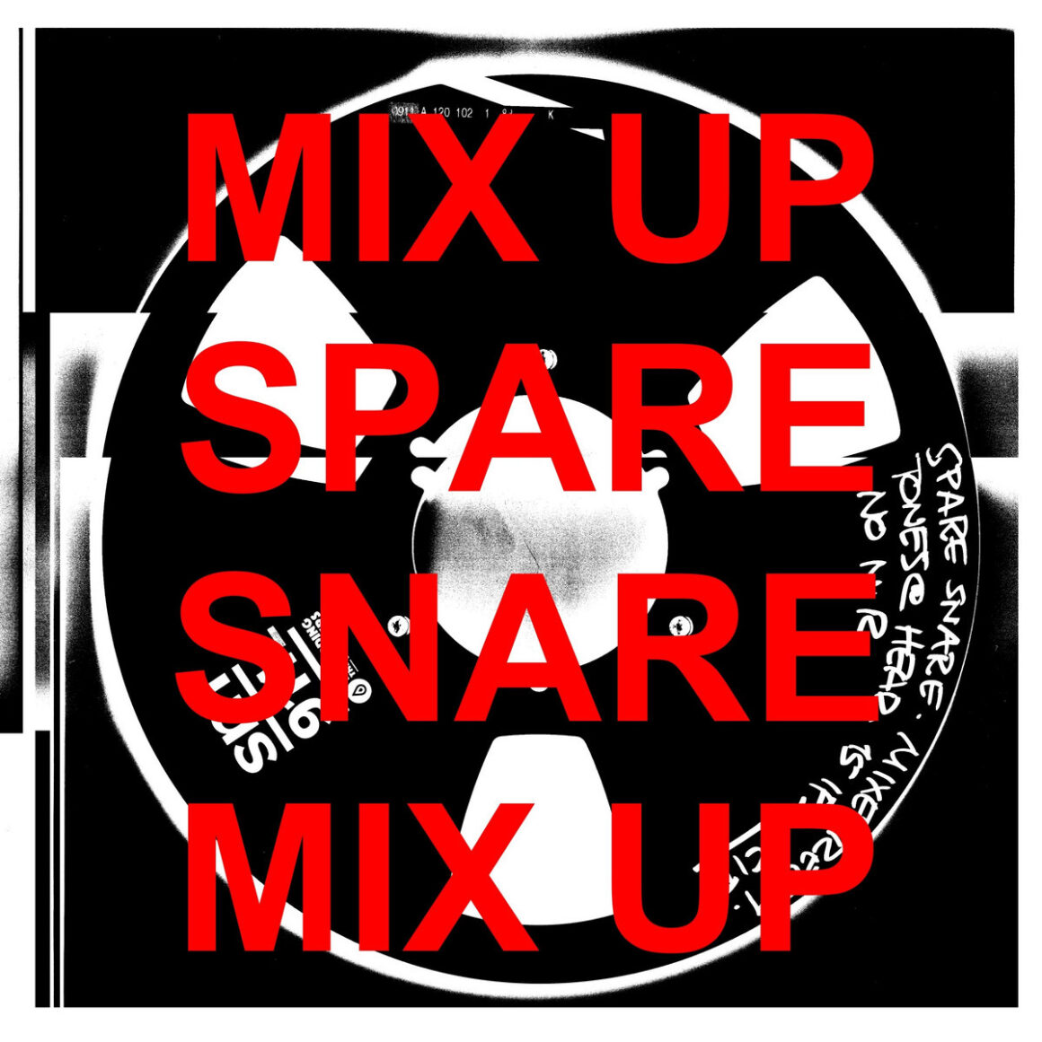Compact disc cover for an album by SPARE SNARE called Mix Up, with a bright red typeface across a reel-to-reel tape of recordings
