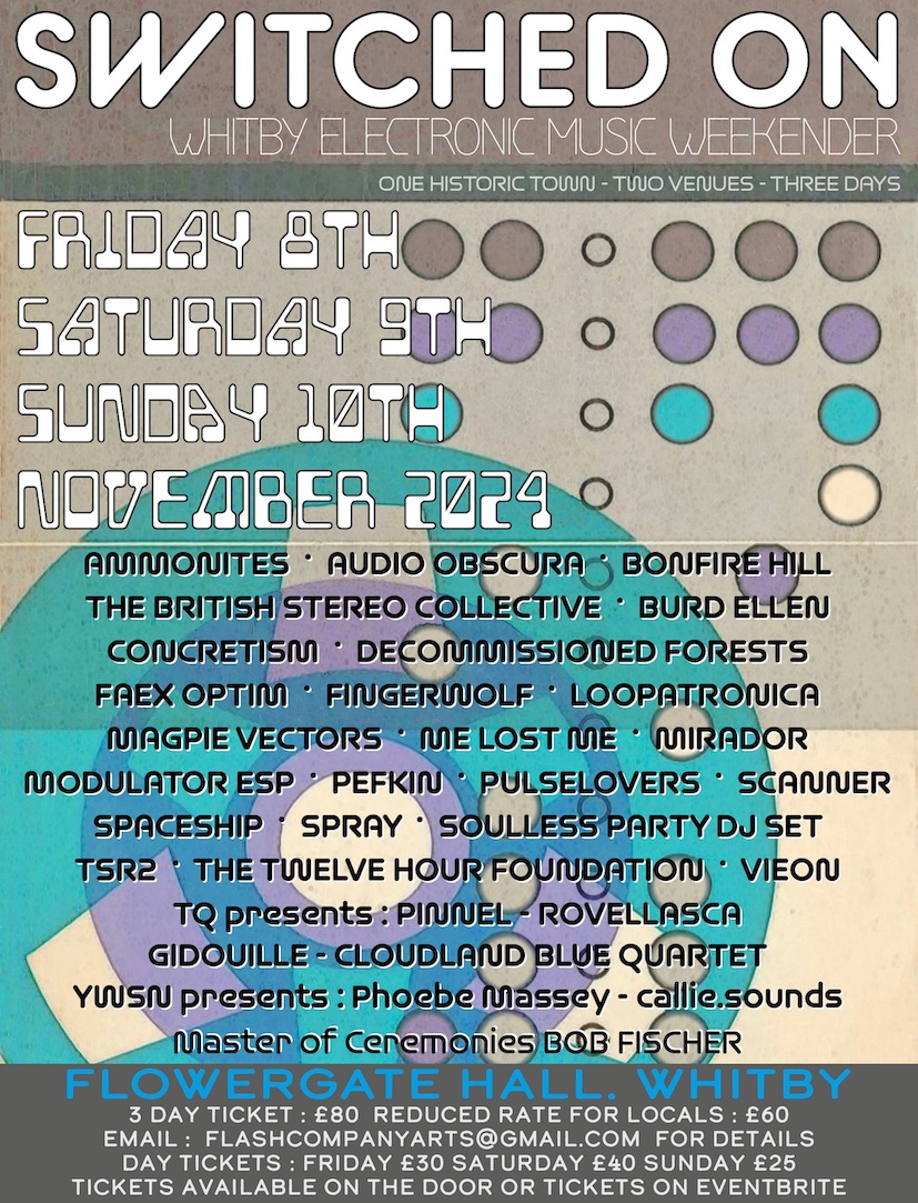 A poster for the Switched On Festival in Whitby, with a long list of artists name written in a retro 1970s font