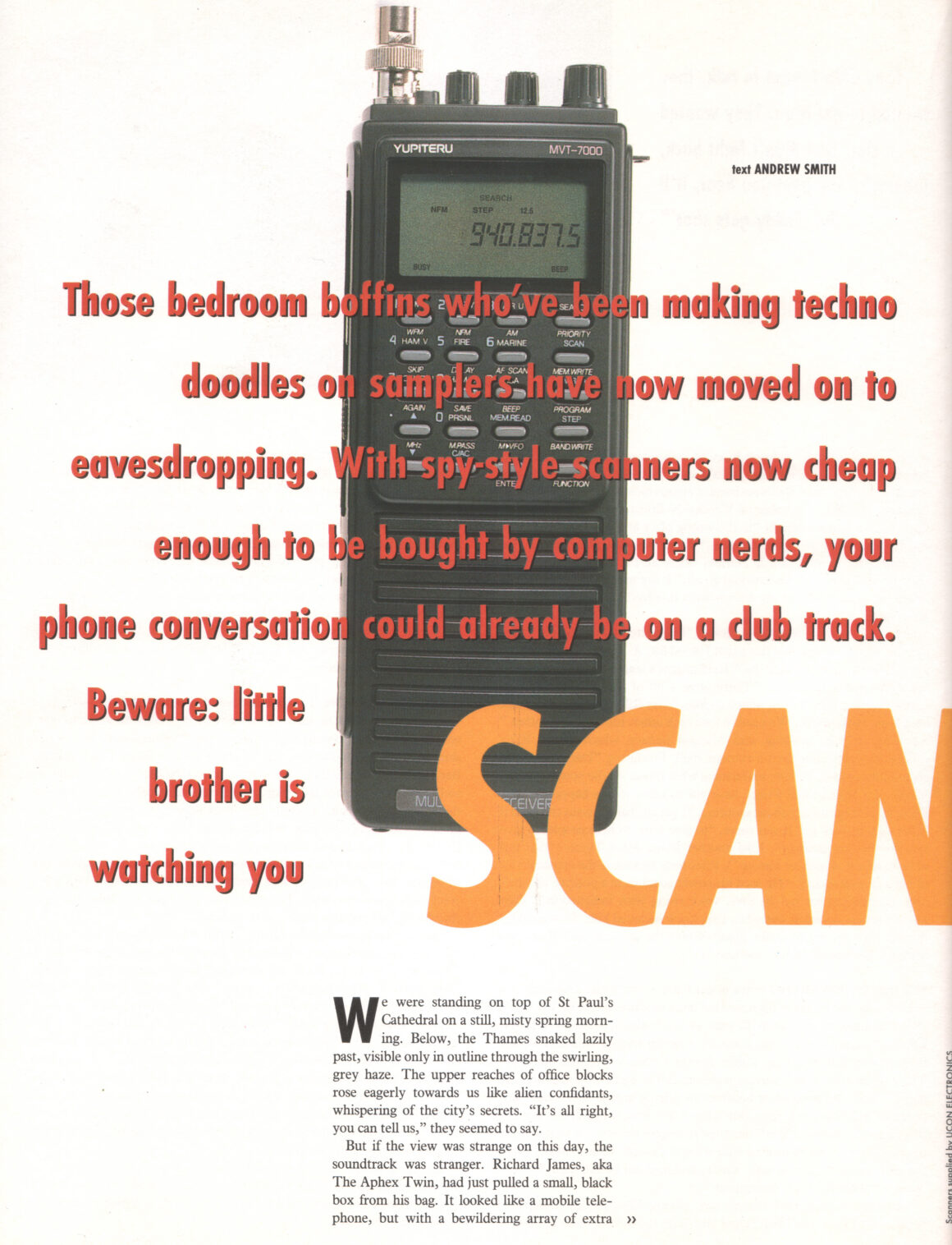 Red text on an image of a radio scanner for a feature in a magazine
