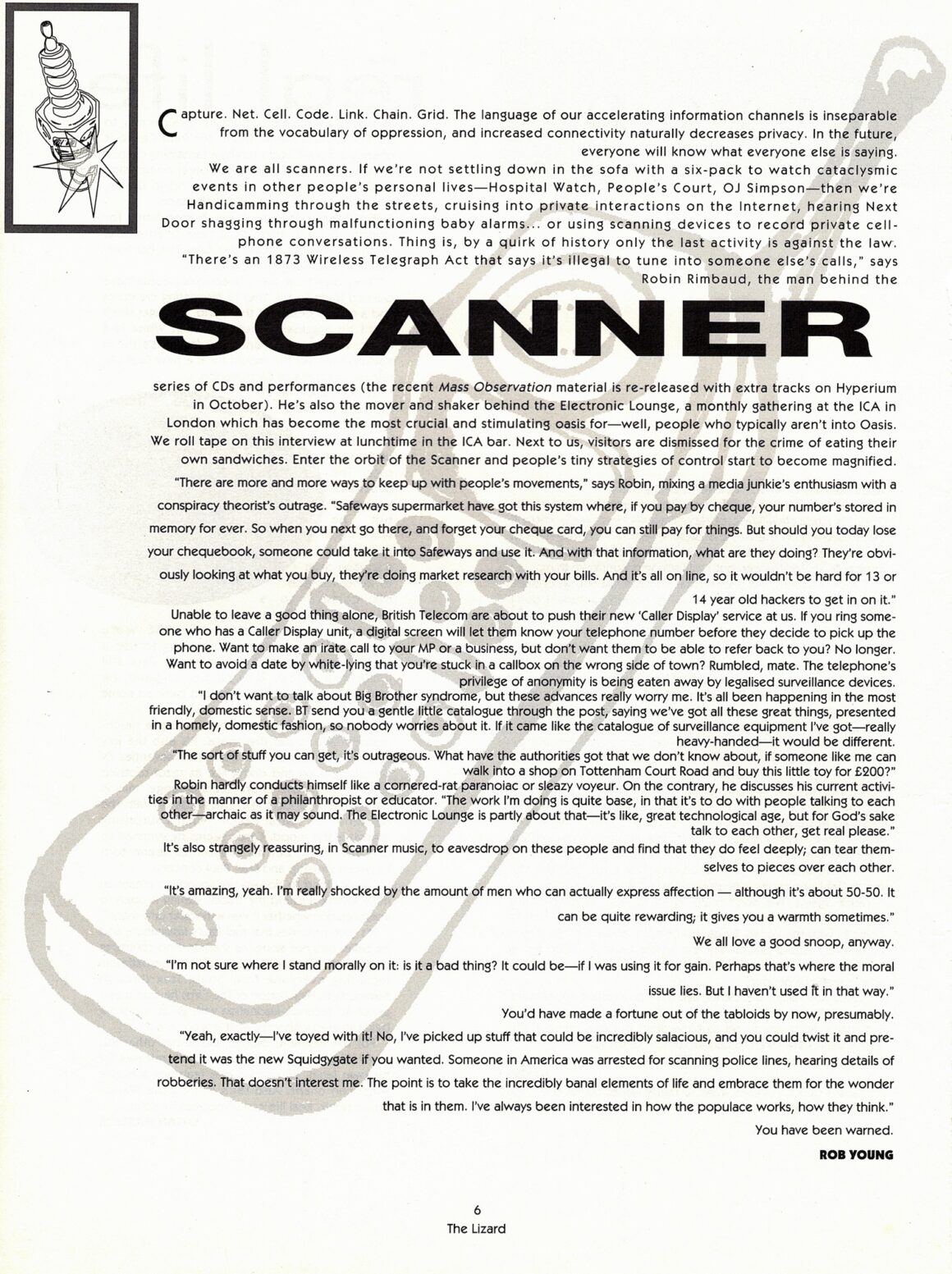 black and white interview with UK artist Scanner, with illustration of mobile phone behind the text