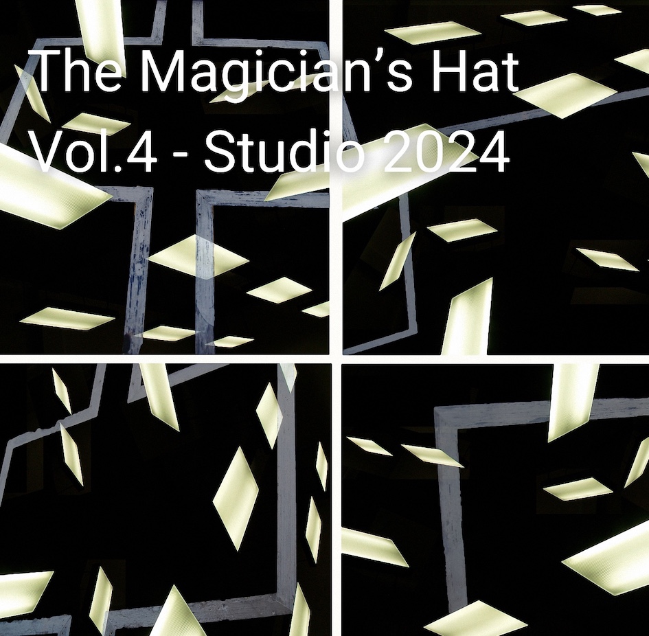 An abstract digitally prodcued image of off-white abstract shapes on a black background, divided into four equal square sections. The words across the top in white say 'the magician's hat, vol.4 studio 2024