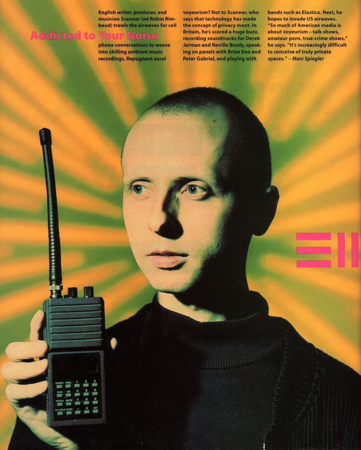 Colourful image of a white man with cropped hair holding a mobile phone staring to his right, with lights emitting from around his head. A text in black is featured at the top of the page 